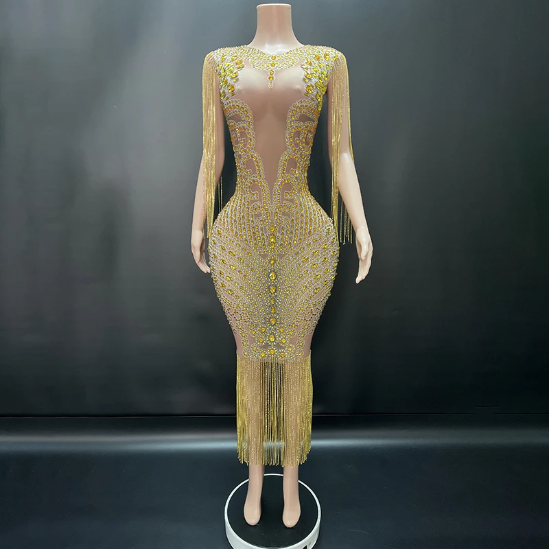 Novance Y2250-C Spring Outfits for Women Glitter Diamond Tassel Chain See  Through Sexy Bodycon Dress Mother of the Bride-Dresses