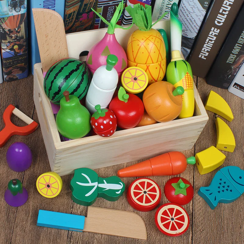 Wooden Food Fruits Vegetables Cutting Toys Pretend Play Fruit Box Set