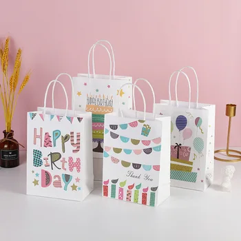 happy birthday gift bags kraft paper bags with handle cartoon balloon cake printed pattern handbag candy bag for baby shower