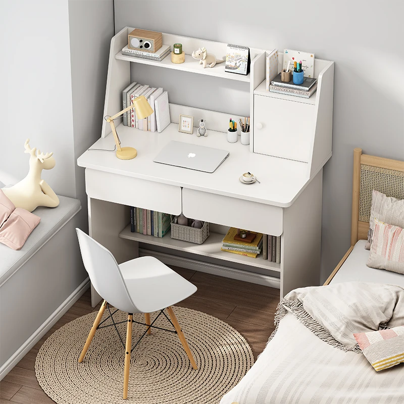 White Computer Desk Wood Room Study Table With Shelf Bookshelf For Home ...