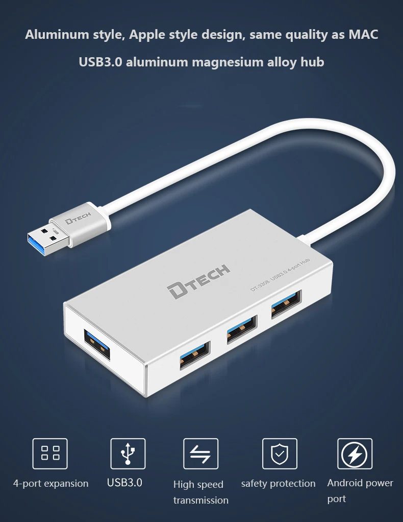 DTECH DT-3308T USB C 4-Port USB 3.0 Aluminum Hub - Silver