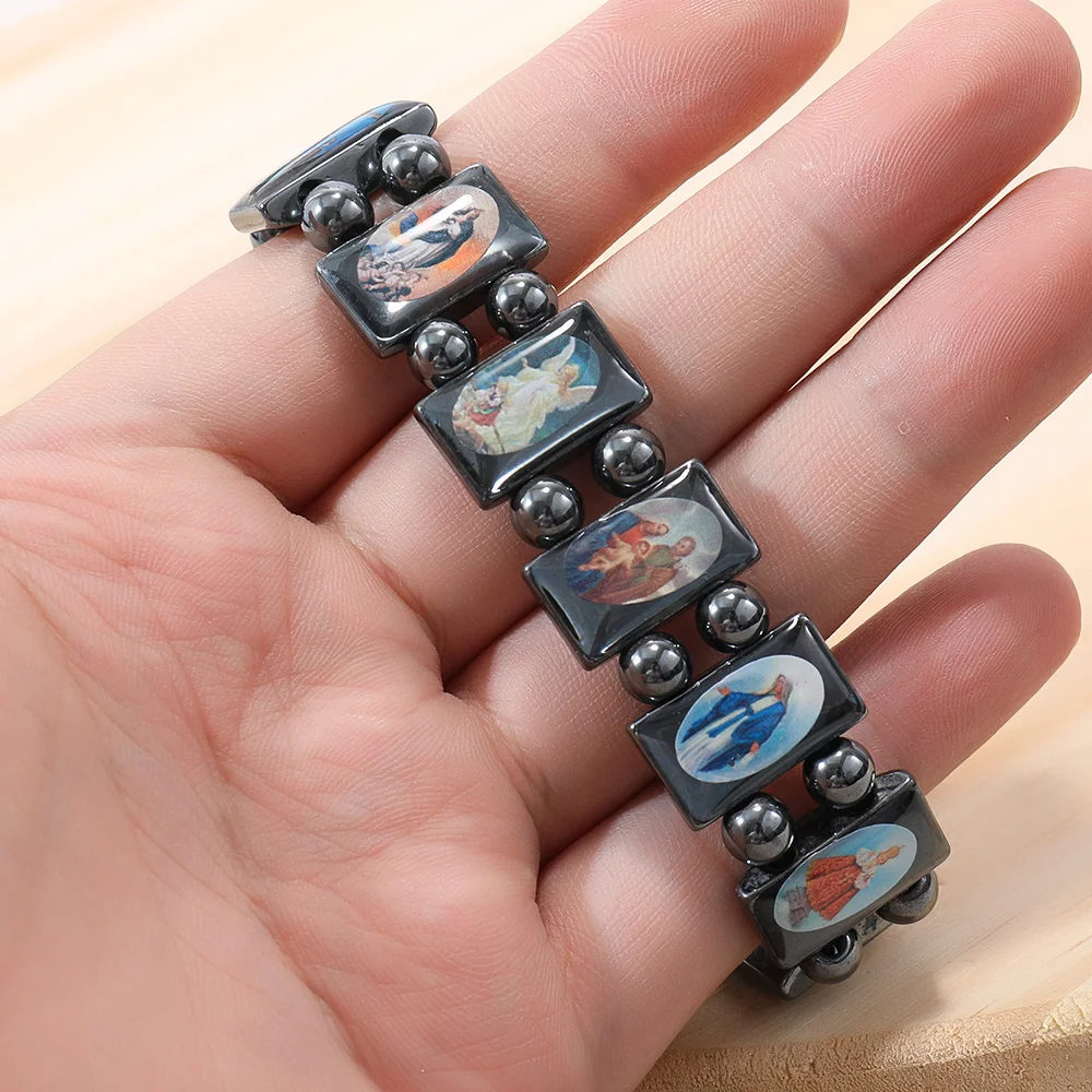Magnetite Men Bracelet Dual Strand Religious Jewelry Holy Father Jesus Virgin Mary Gifts Catholic Healing Hematite Bracelet