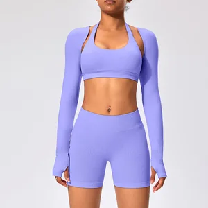 Women's Solid Color Sports Three Piece Set Shawl Shorts Bra High Elasticity Skin Friendly Running Fitness Yoga Set