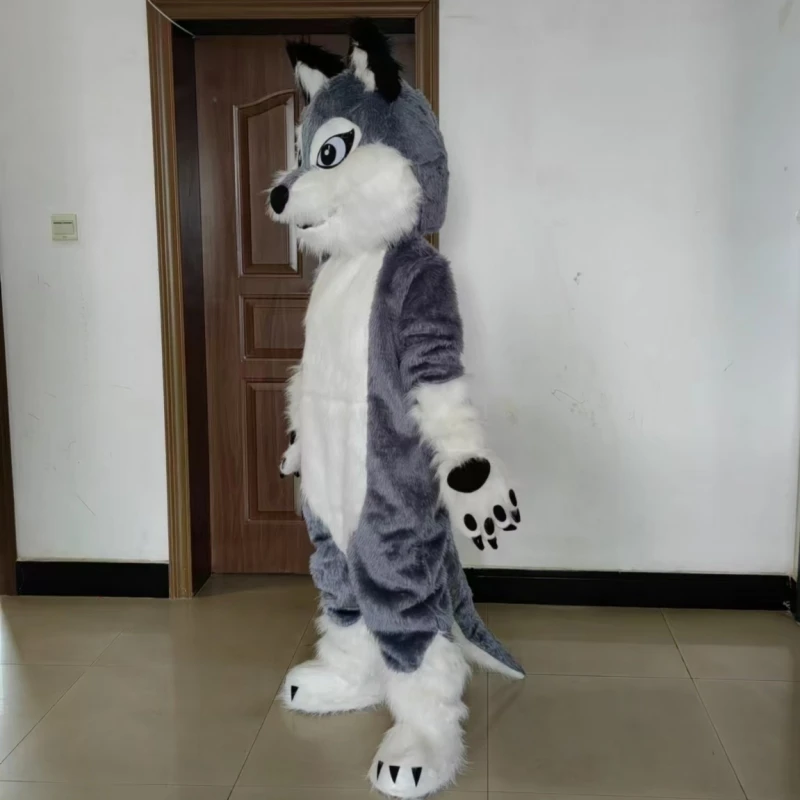 New Long Fursuit Grey Husky Wolf Dog Mascot Costume for Adult Cartoon Animal Role Play for Halloween Parade Festival