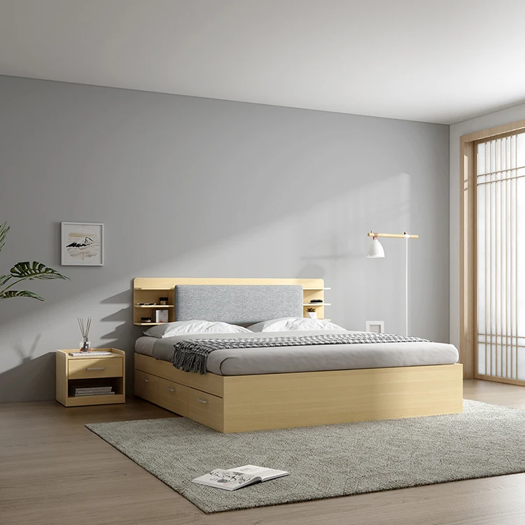 Modern wood panel storage king size bed luxury bedroom sets furniture master bedroom for apartment