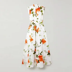 Clothing Manufacturer Custom Spring Summer White Crew Neck Short Sleeve Floral Print Cotton Elegant Casual Women Dress