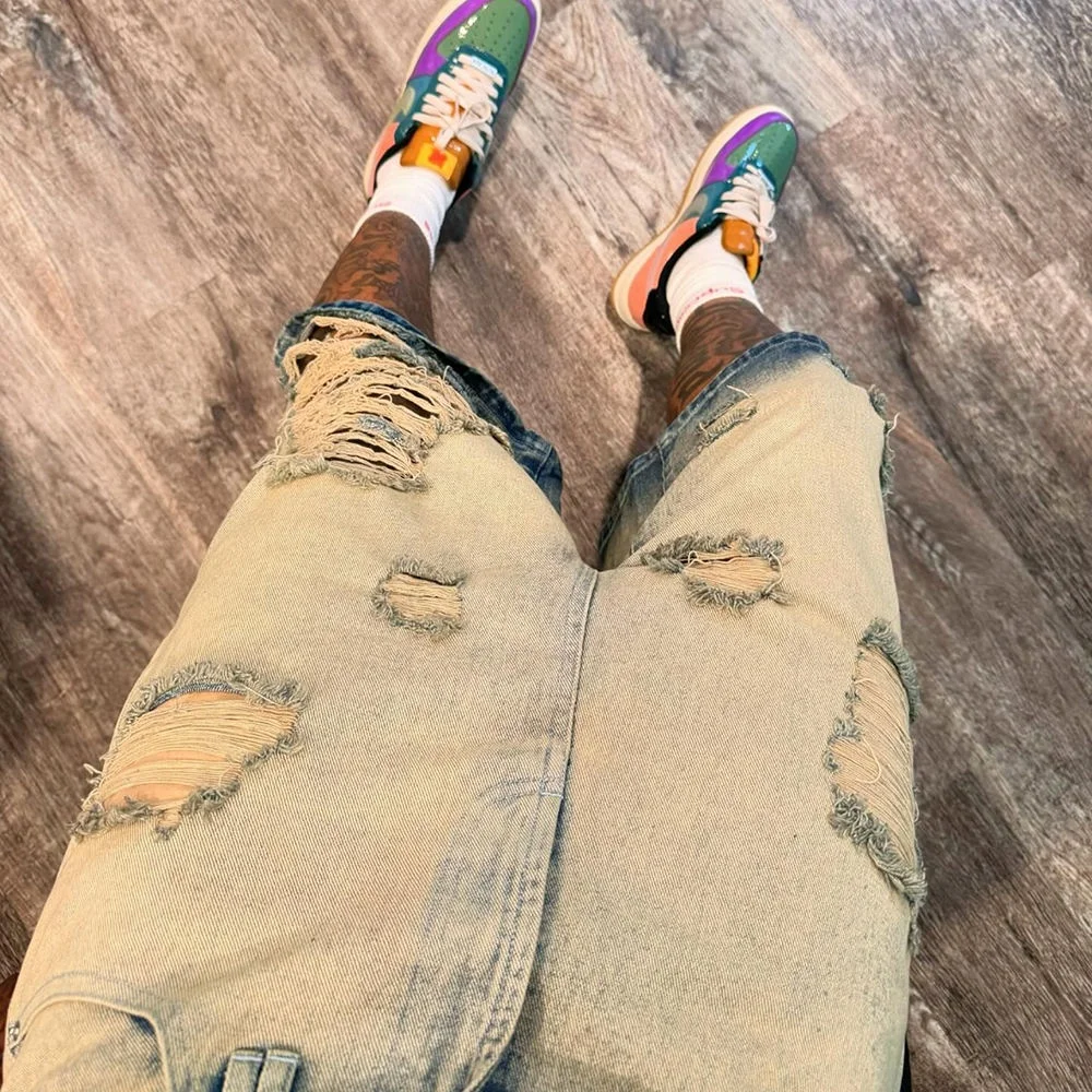 Jorts Manufacturer Custom Streetwear Ripped Cotton Oversized Vintage Distressed Acid Washed Baggy Denim Jean Short Jorts for Men gallery 2