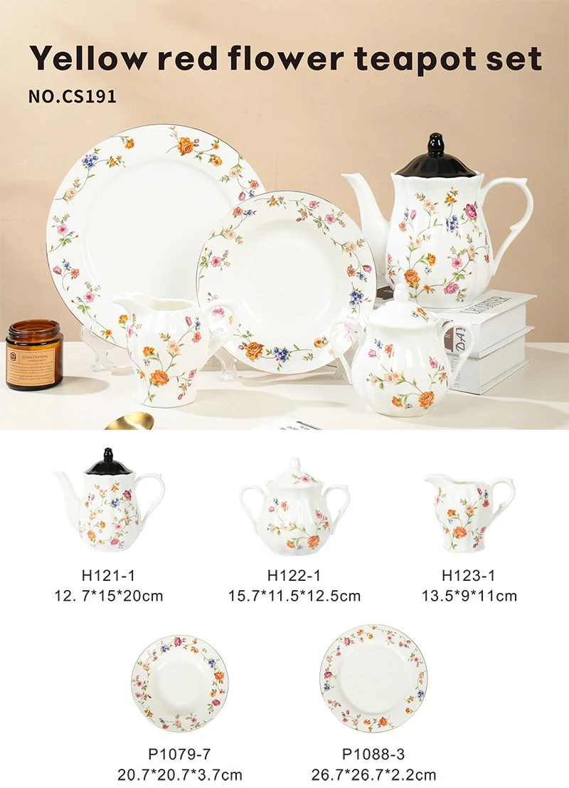 product wholesale ceramic flower prints cup and saucer set elegant tea pot set restaurant personalized decal tableware set-1