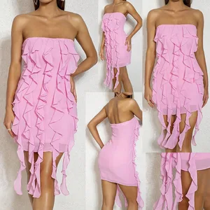 Custom High Quality Ruffle Slim Fit Sleeveless Pink Women Summer Casual Sexy Party Mini Dresses