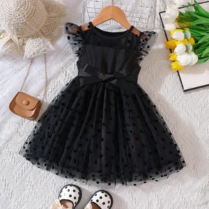 Summer Mesh Polka Dot O-Neck Collar Small Flying Sleeves Girls Dresses for Girls