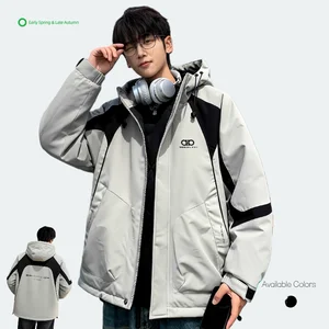 Custom Trendy Spring Men's Loose Thick Casual Breathable Front Hooded Puffer Jacket Zipper Waterproof Windproof Polyester Fabric