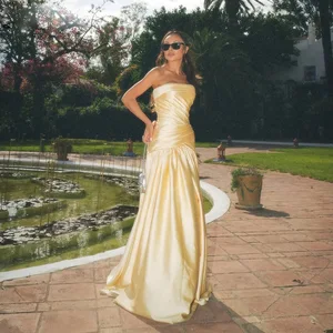 Bettergirl High-quality Pleated Satin Champagne Gold Long Dress 2026 New Fashion Party Formal Elegant Evening Dress