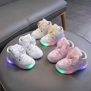 Fashion Lightweight Kids Sport Sneakers Soft Rubber Sole Children Bow Sport Sneakers Girls with Luminous LED