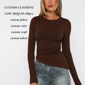 Manufacturer Oem High Stretch Cotton Slim Fit Shirts Custom logo Printed Women Long Sleeve Asymmetrical Blank Plain t Shirt