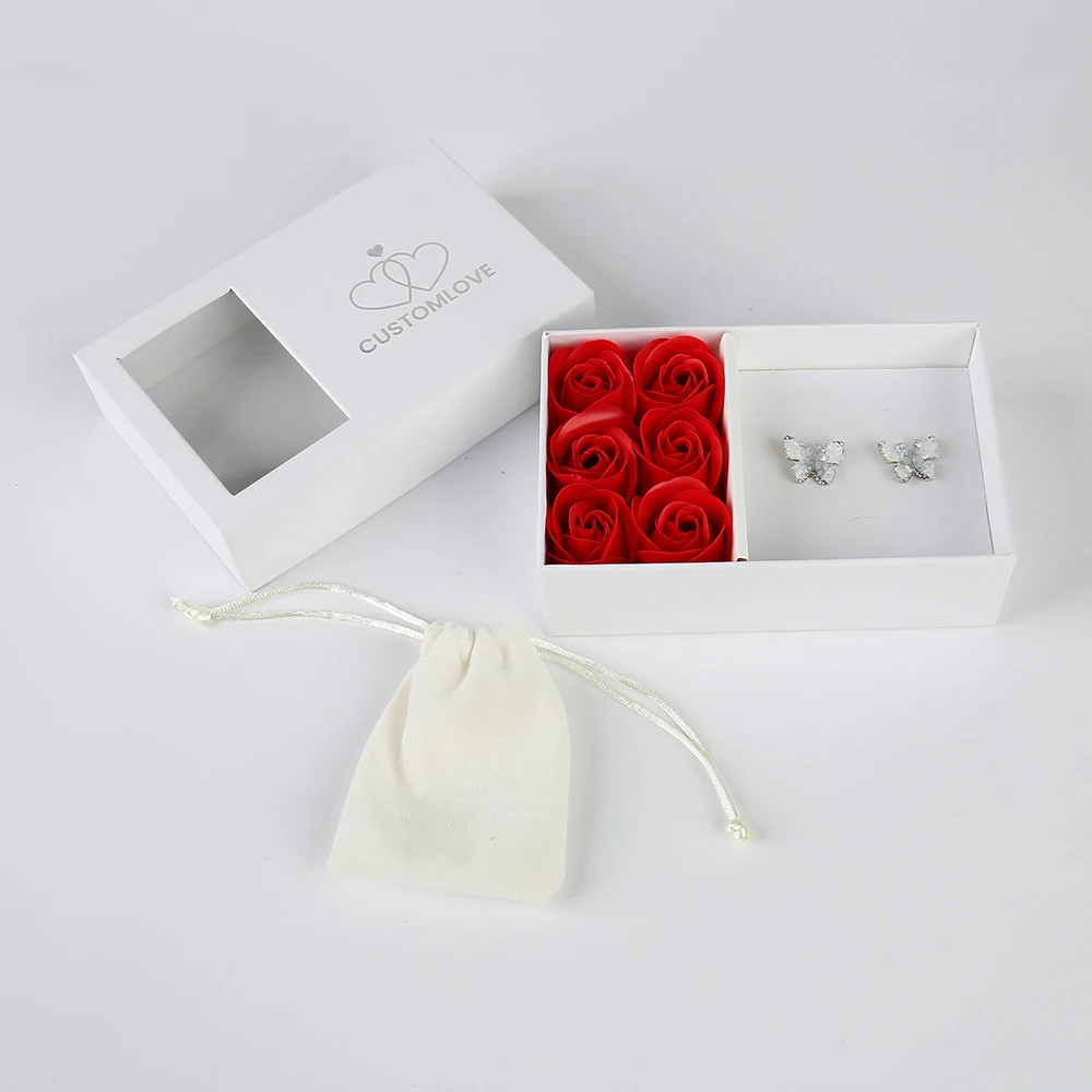 Customized Luxury Valentine's Day Gift Lid and Base Paper Box LOGO Hot Silver Stamping Paper Lining for Earrings with Rose