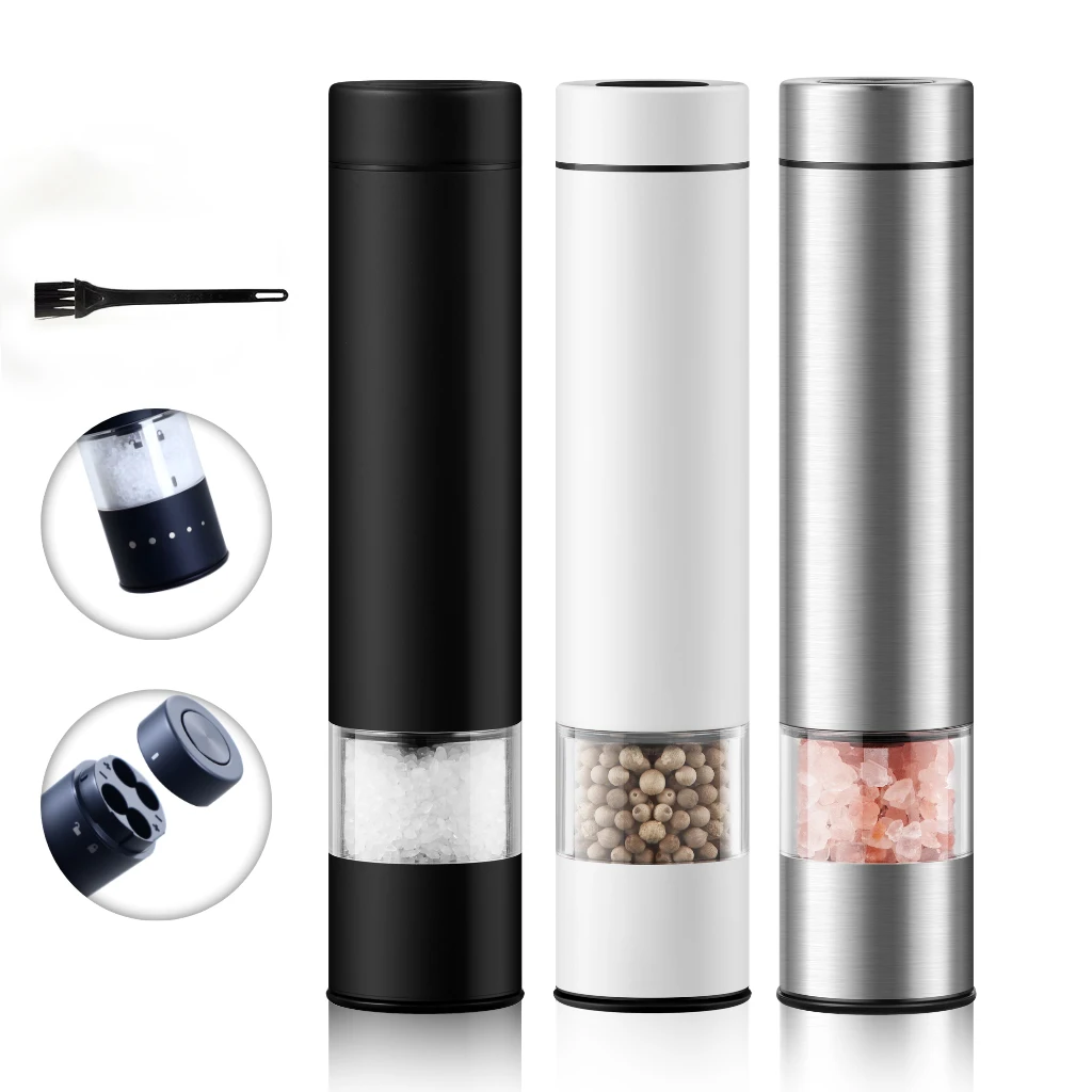 휴대용 충전식 슬림 스파이스 그라인더(스테인리스강), 전동 소금 및 검은 후추 그라인더/밀 세트(외부에서 조절 가능한 굵기)