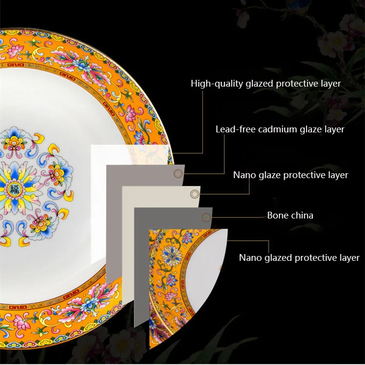 Chinese Style 80pcs Cookware Gold Enamel Series Tableware Set Bone China Bowls and Plates Porcelain Dinner Set