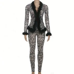 Dropshipping New Arrivals 2026 Fall Sexy Leopard Print Women Clothing Furs Top 2 Piece Pants Set