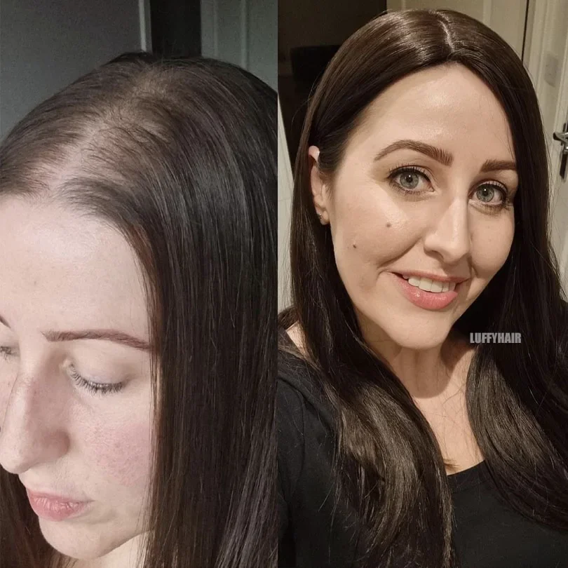 Parrucca da donna marrone in seta con base in pelle per capelli umani europei per calvizie, sottile e fine, nastro adesivo gratuito 6X6 pollici_voghion.com