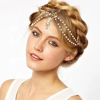 Bohemian Style Rhinestone Hair Chains Pearl Headdress Fashion Accessories Forehead Chain