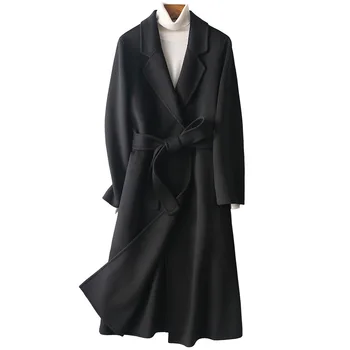 classic women overcoat cashmere wool full length coat with belt ladies cashmere jacket