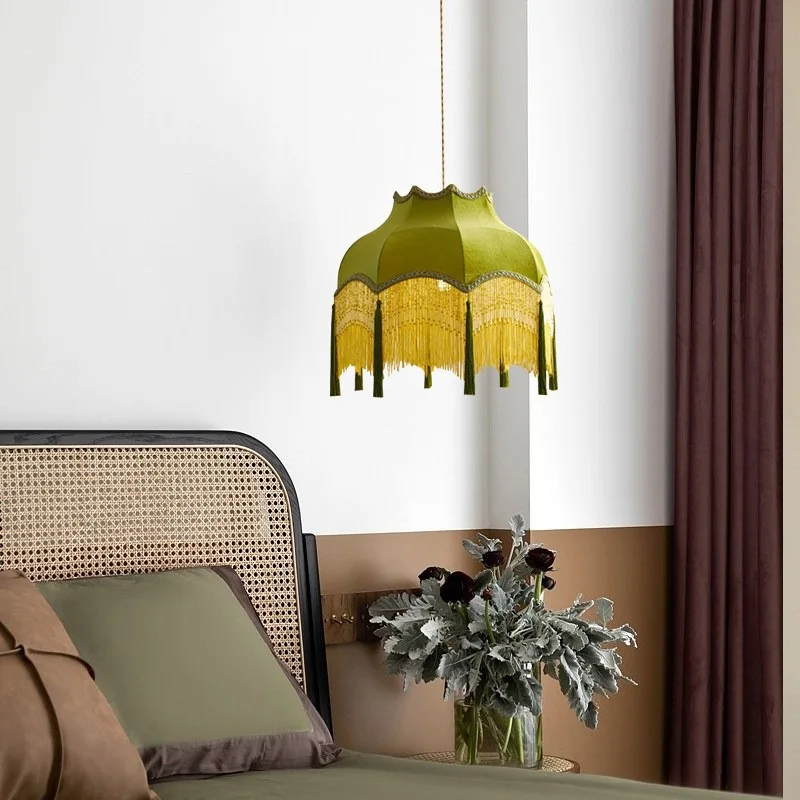 Retro Court Style Handmade Linen Tassels Pendant Lamp Hanging Fabric Lamp Shade for Home