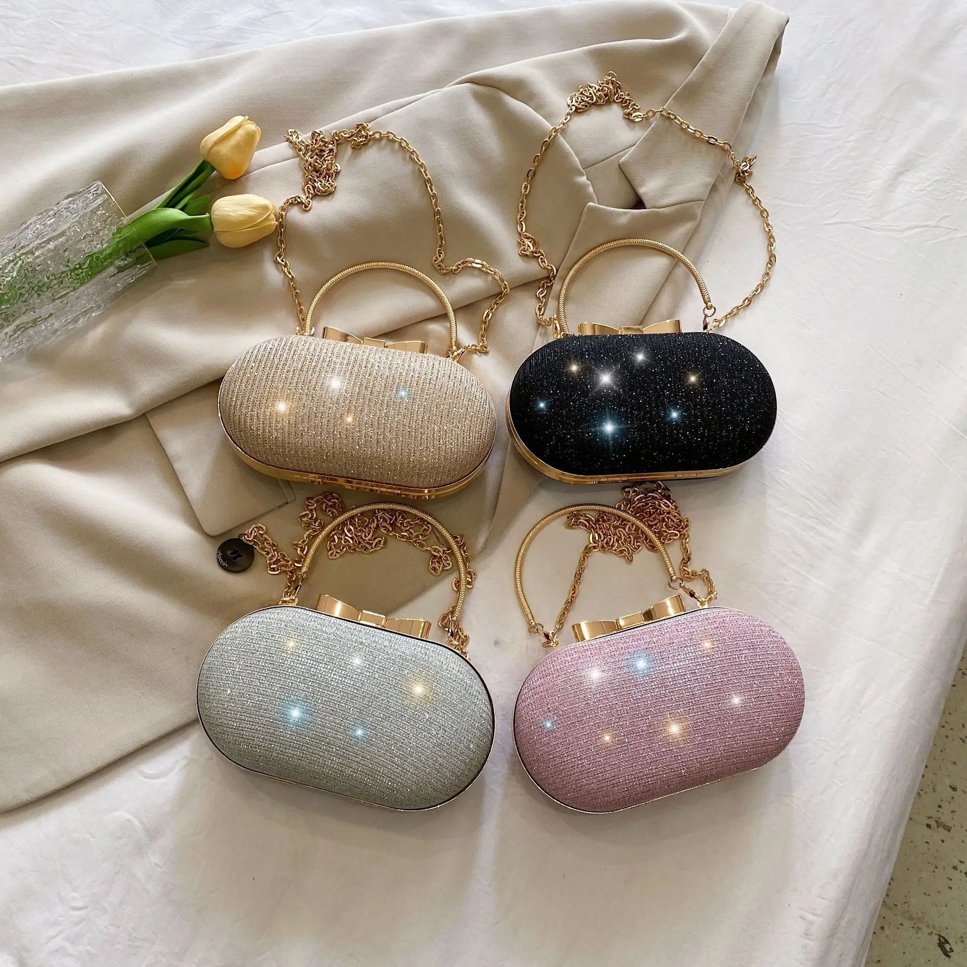 Golden Clutch Women Wedding Shiny Handbags Bridal Metal Bow Chain Shoulder  Luxurious Evening Bag Party Clutch Beads