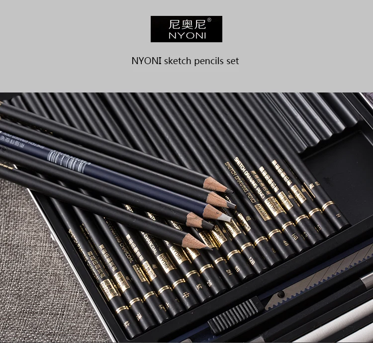 NYONI Sketching Pencils Set, Metal Box Packaging, Including Graphite  Pencils、Charcoal Pencils、Blending Stumps and other tools for drawing (A set  with