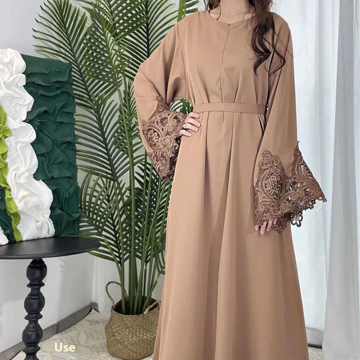 New Solid Color Muslim Dress Flowers Lace Sleeves Black Islamic Long Dress  Women| Alibaba.com