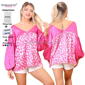 Custom Spring Satin Casual Blouse Elegant pink Leopard Prints v Neck Puff Long Sleeves Plus Size Women Blouses