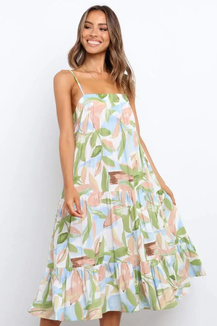 Custom Pattern Floral Print Adjustable Straps Pleated Midi Dress