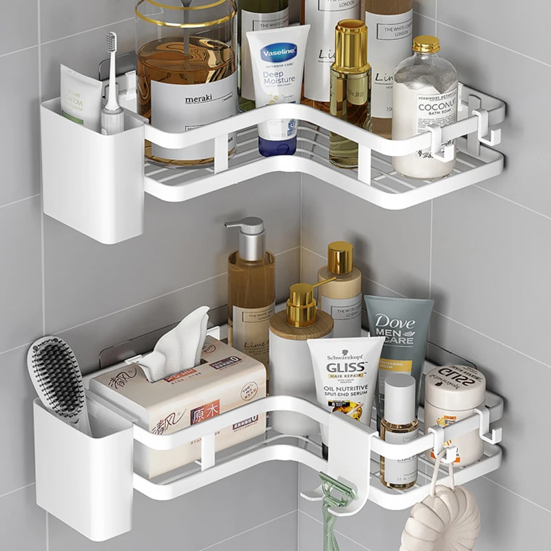 Bathroom Adhesive Toothpaste Storage Rack Caddy Shower Corner Organizer Shelves With Hooks