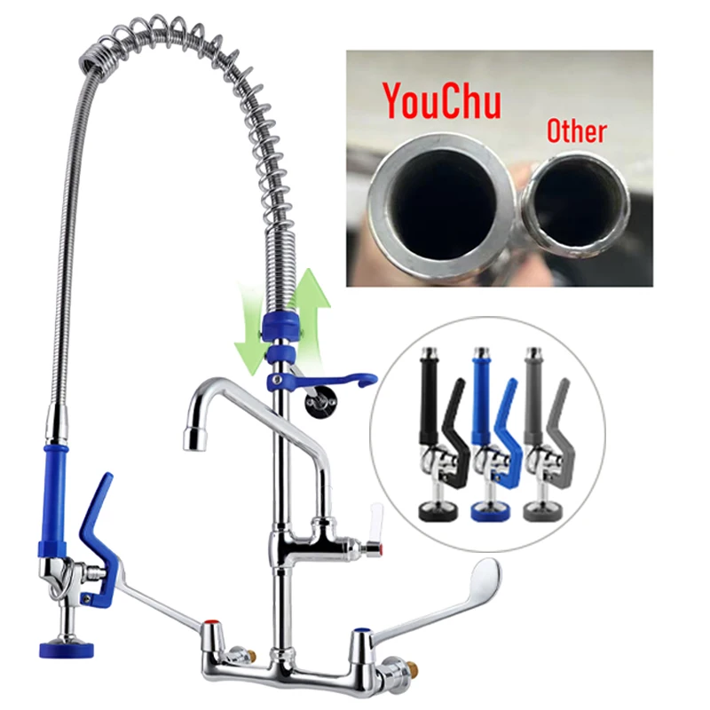 Industrial Design Wall-Mounted Commercial Kitchen Faucet Chrome Finish Dual Handle Pull-Down Spray 2 Holes Hotel Use Brass