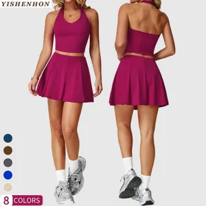 YISHENHON V-Neck Quick-drying Sports Tennis Suit Anti-emptied A-line Skirt Anti-glare Exercise Running Fitness Tennis Sets