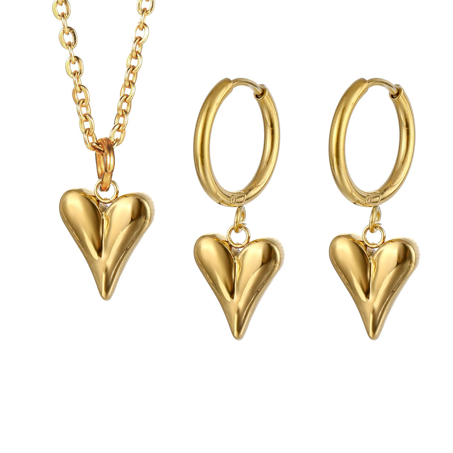 Boho Heart Pendant Necklace Earring Set - 18k Hoop Earrings