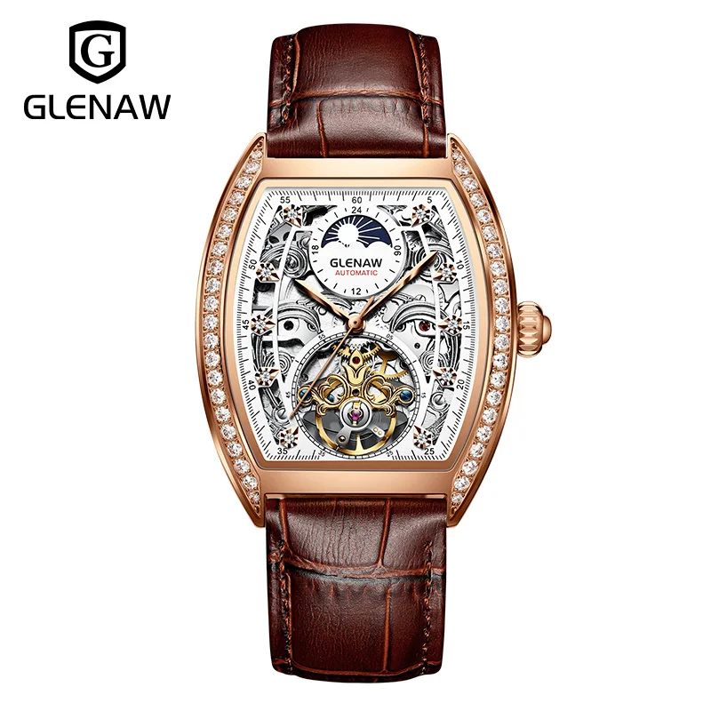 Glenaw di lusso classico orologio da uomo scheletro movimento meccanico automatico Hallow intagliato Tourbillon ponte in Silicone fascia di vetro