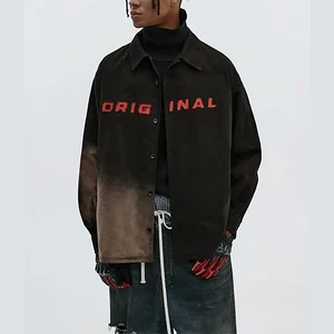 Vintage Wash Drop Shoulder Embroidered Oversize Men's Shirt - Retro Cotton Button-Up, Long Sleeve 2026 Trend  Streetwear Style