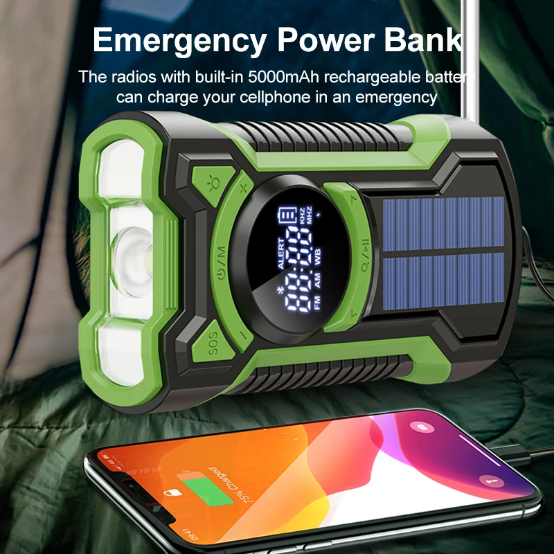 NOAA/AM/FM/SW BT Speaker IP65 Waterproof Dustproof Portable Radio Hand Crank Generator Dynamo Flashlight Solar Radio