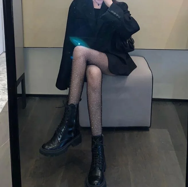 Женские полиамидные носки со стразами ажурные колготки для девочек модные чулки сетчатые женщин