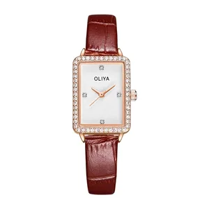 Oliya 609 Rectangle Diamond Watch Women Luxury Quartz Watches with Leather Strap High Quality Gold Watch for Women