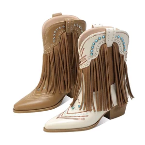 Western Cowgirl Fringe Boots with Embroidery Turquoise  Pointed Toe Mid Heel Tassel Cowboy Boots for Women