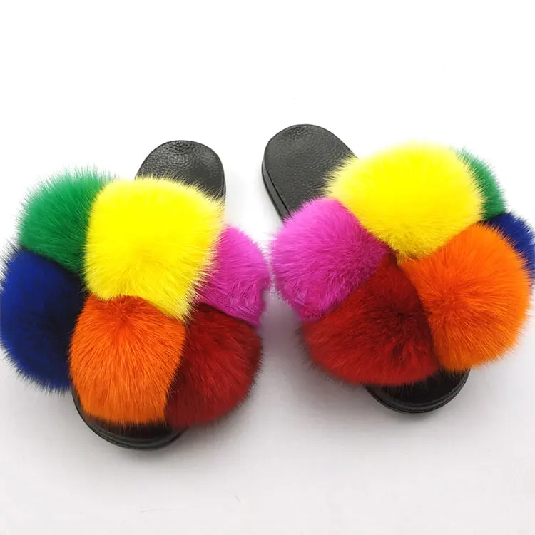 Manufacture good quality fur house slippers custom fur slides big fur slides