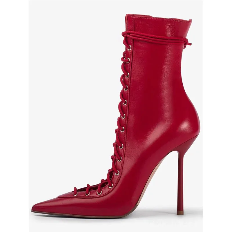 Lace Up Dress Red Stiletto High Top Ankle Boots Pointed Toe Plus Size Sexy Women High Heel Short Boots - Image 5