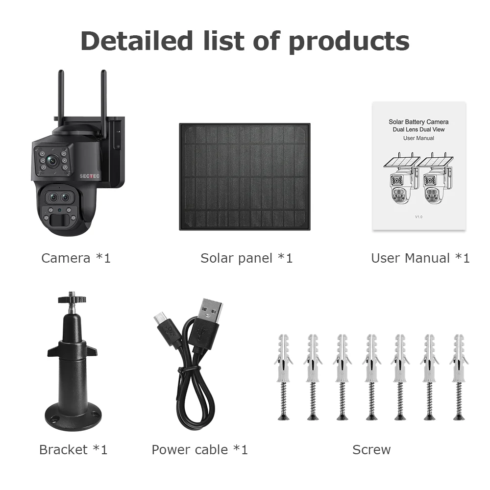 SECTEC 6MP Solar Battery Powered Network Camera 3 Lens 2 Screens with 12X Zoom 4G UBOX APP Outdoor CCTV PTZ 4G Solar Camera