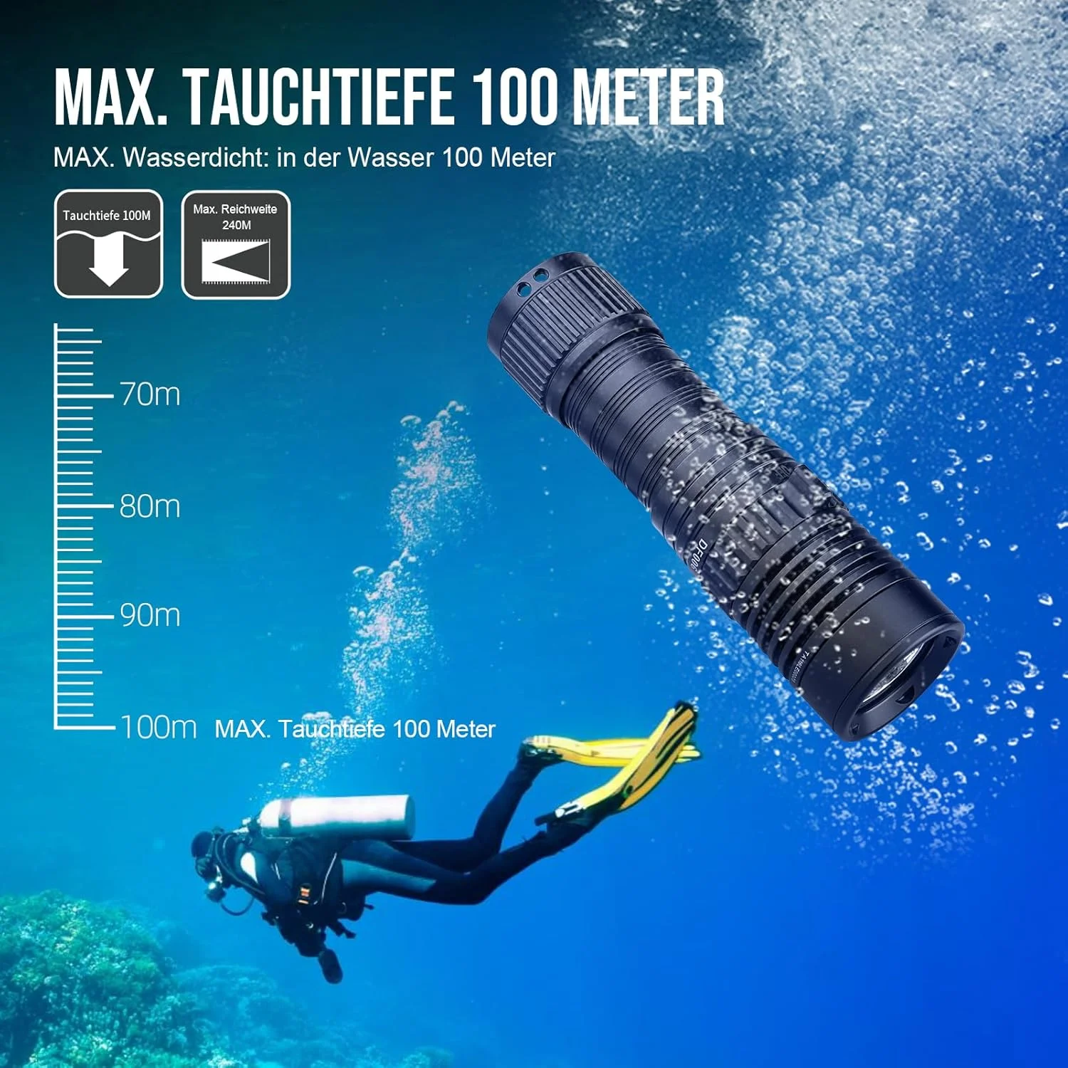 For DF006 Diving Flashlight Aluminum Alloy IP68 Waterproof 100M