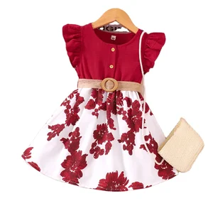 2023 Summer Fashion Girl Princess Dress Fly Sleeve Ruffle Round Neck Flower Patchwork Kids Clothes Children Dresses Wholesale