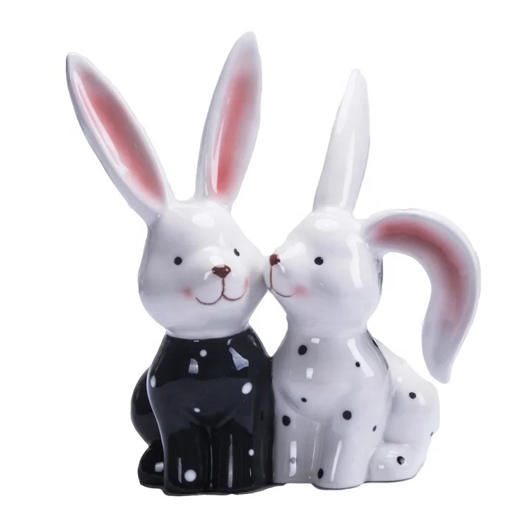 Black and White Color ceramic rabbit and egg ornament for special easter decoration