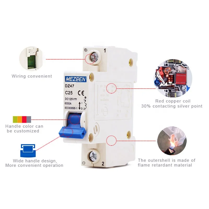 電気DCミニチュアサーキットブレーカー1極12 3 4 5 6 10 16 20 25 32
