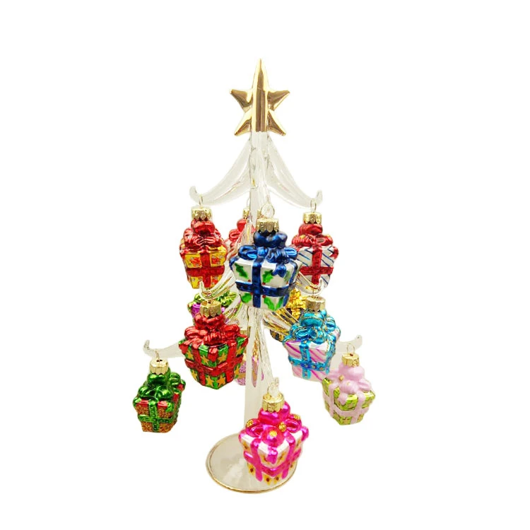 Led lighted hand blown glass christmas tree with ornaments miniature