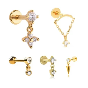 Wholesale Gold Plated Ear Piercing Crystal Flor Dangle Flat Back Stud Earring Rhinestone Weddings Parties Gifts Fashion Jewelry